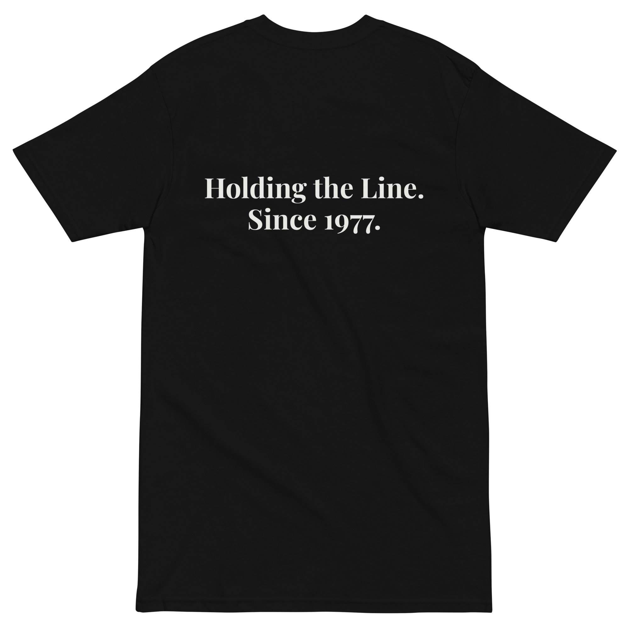 Back flat lay of the Holding the Line Since 1977 heavyweight tee.