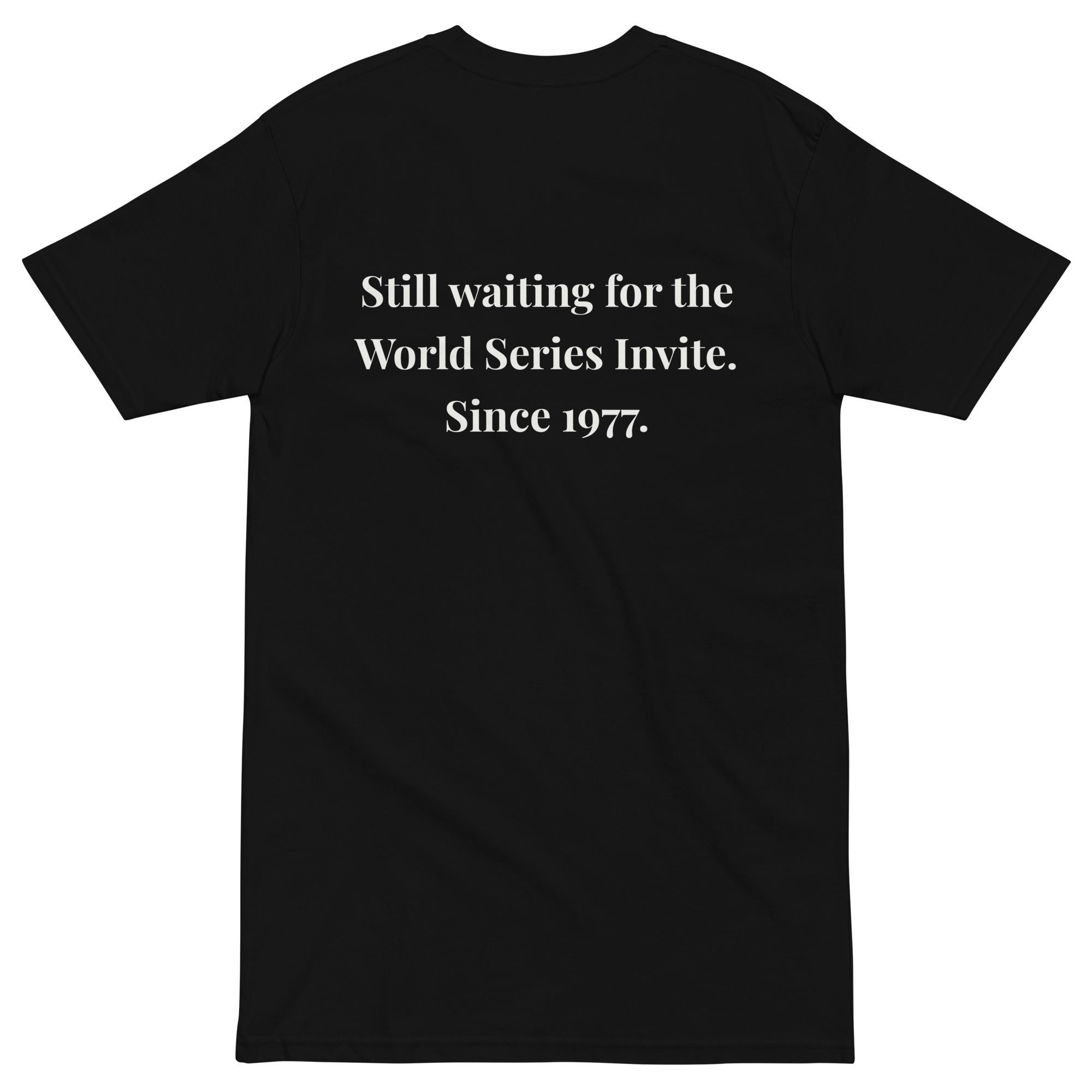 Back flat lay of the World Series Invite Since 1977 heavyweight tee.